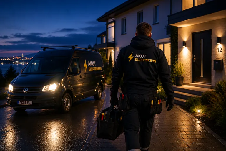 Elektriker anländer till ett kvällsuppdrag.