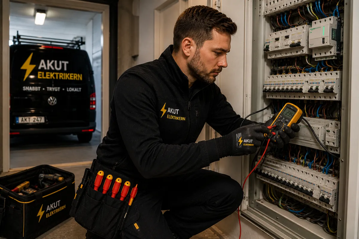 Elektriker mäter och felsöker i elcentral.