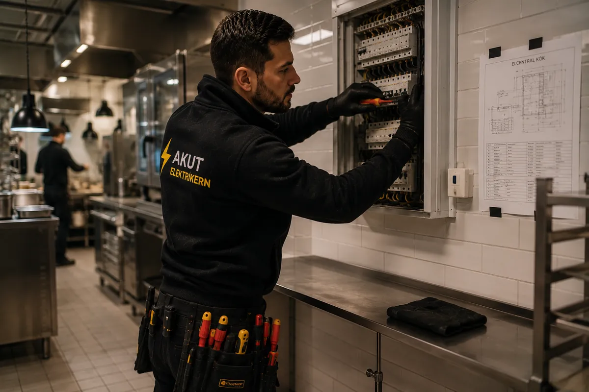 Elektriker åtgärdar elfel i en verksamhetslokal.