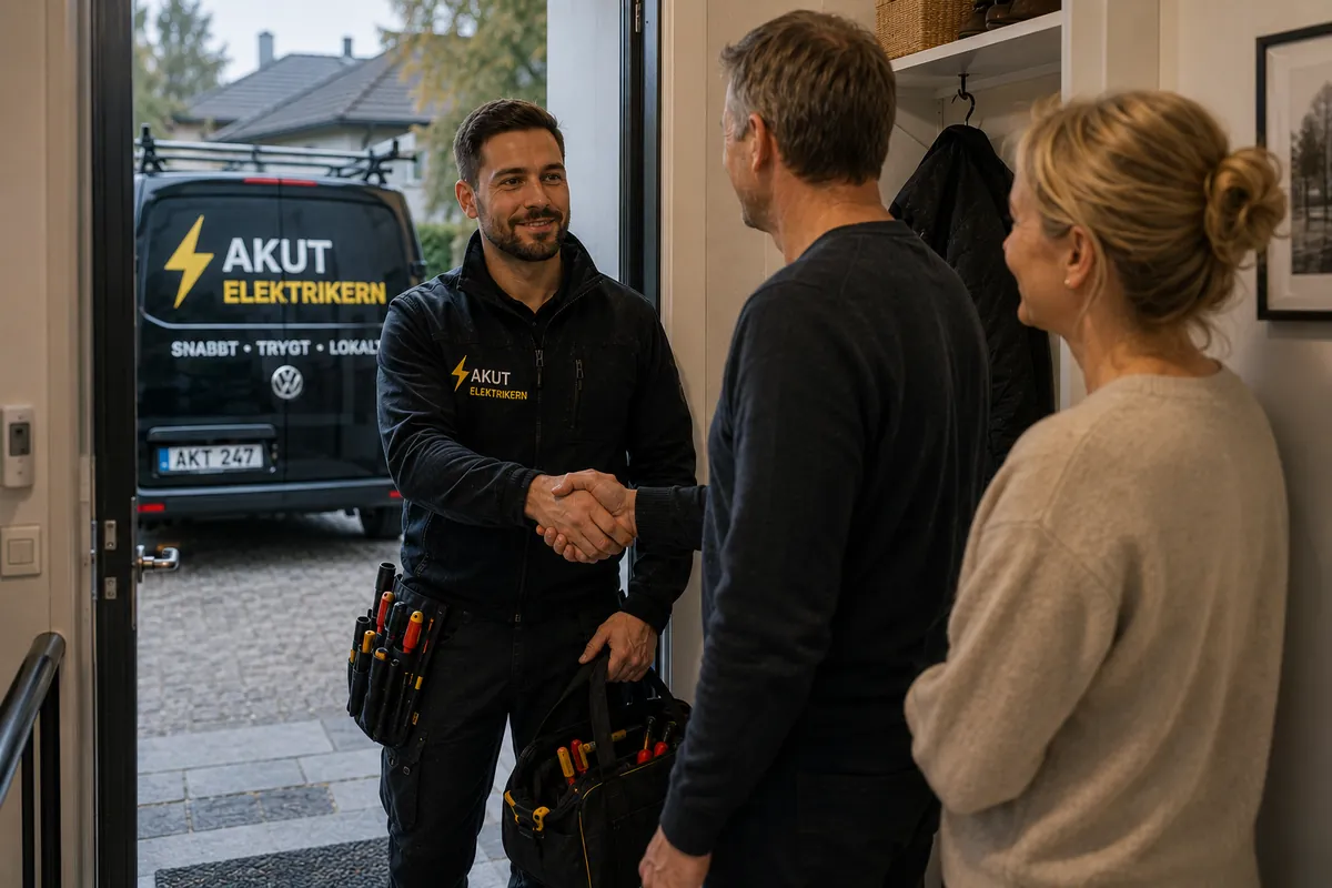 Elektriker och kund efter avslutat arbete.