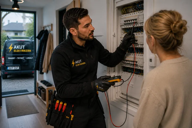 Elektriker förklarar felet för kunden vid elcentralen.