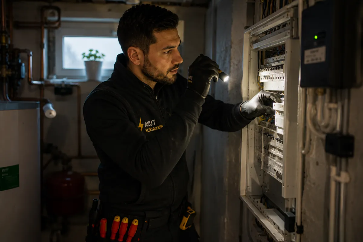 Elektriker felsöker vid strömavbrott med ficklampa.